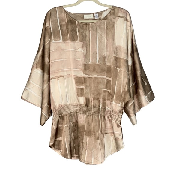 Chico’s satin abstract tunic blouse with stretchy smocked waist. Size (2)L(12) - Picture 1 of 7